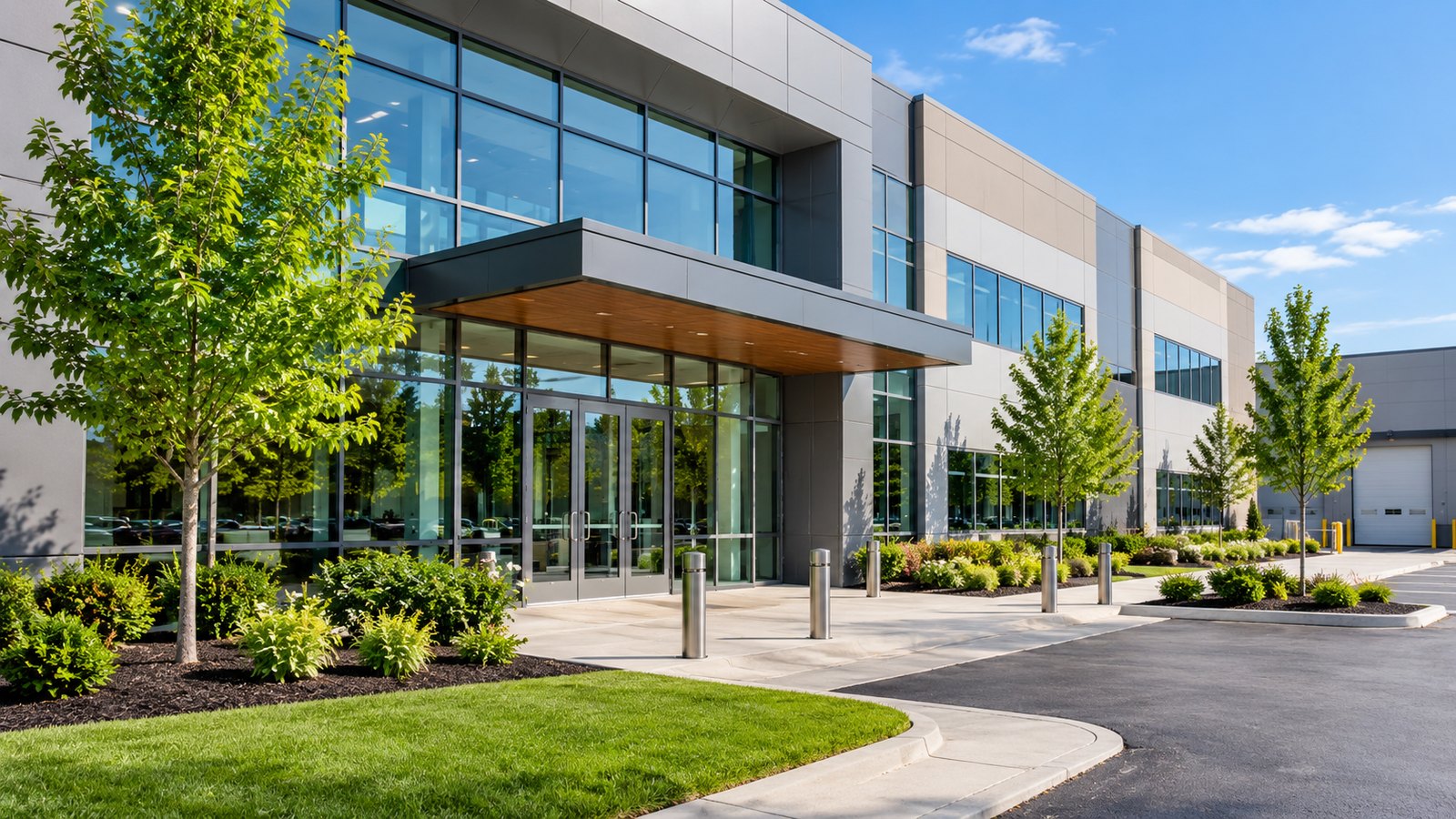 Modern commercial building concept with landscaped grounds
