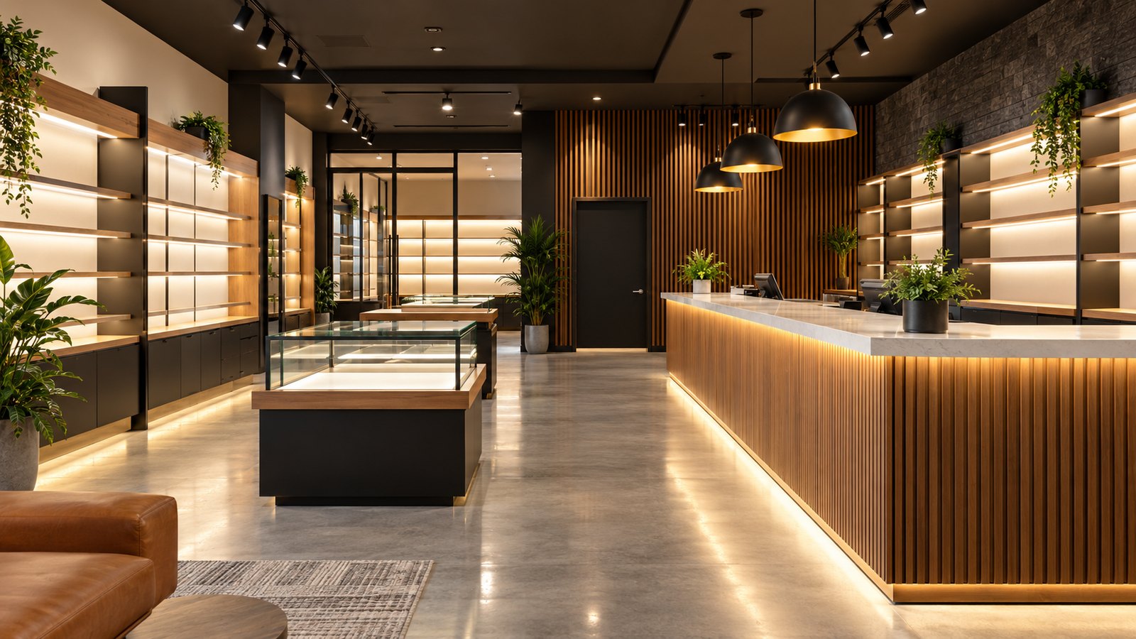 Modern vape shop interior concept with finished retail shelving and counter