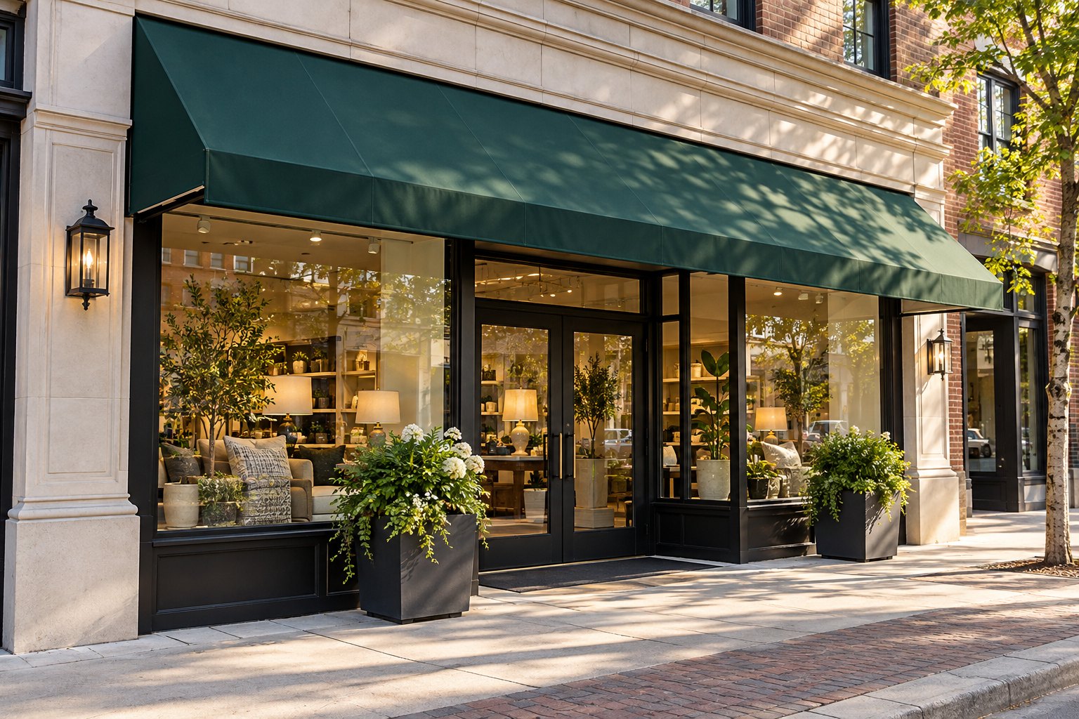 Storefront awning concept with a dark green fabric awning
